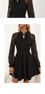 Detail of elegant black dress with lace long sleeves and a bow neckline tie