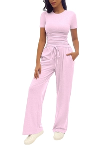 Detailed view of pink casual set with high waist drawstring wide leg pants and pockets