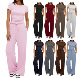 Women Casual Ruched Short Sleeve Top And High Waist Drawstring Wide Leg Pants Solid Color Loungewear Lounging Outfit