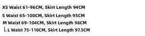 Detailed size guide for high waist side slit skirt showing waist and length measurements