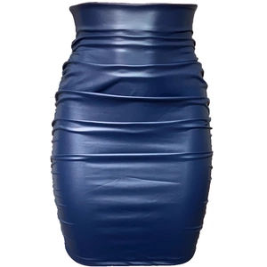 Jupe moulante en cuir PU bleu foncé à taille haute avec détails plissés horizontaux