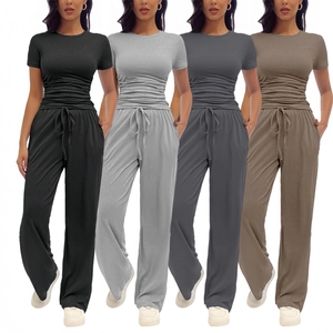 Women's two-piece lounge set with short sleeve t-shirt and drawstring wide-leg pants