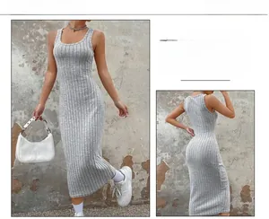 Detailed front and back view of a grey ribbed knit slim fit sleeveless maxi dress
