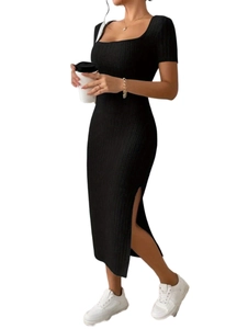Detail of square neck ribbed knit midi dress featuring a stylish high side slit in black