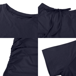 Navy blue casual pleated set featuring drawstring details and ruching craftsmanship