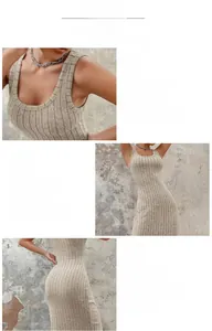Detail view of the slim fit ribbed knit dress showing the scoop neckline and fabric texture
