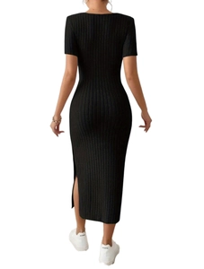 Back view of a black slim-fit knitted midi dress with a side slit and square neckline
