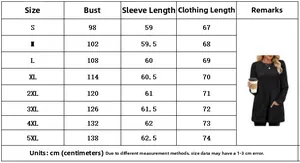 Detailed size chart for long sleeve knit sweater showing bust and length from S to 5XL