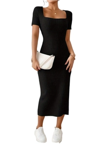Close-up of black ribbed midi dress featuring a square neck and slim fit texture