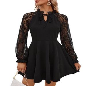 Elegant black long sleeve French dress with lace splicing and hollow lace-up details