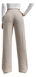 Detailed back view of beige ribbed knit wide-leg pants with elastic high waist