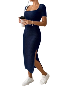 Slim fit square neck short sleeve navy blue ribbed knit midi dress with side slit detail