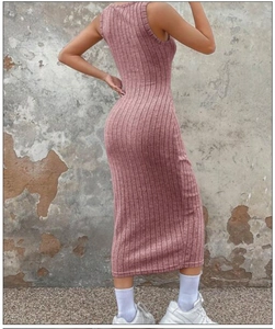Detailed back view of a slim-fit ribbed knit sleeveless maxi dress in soft pink purple