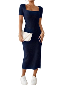 Detail view of navy blue ribbed knit dress featuring a square neck and side slit hemline