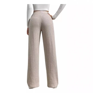 Women's high waist wide leg ribbed knit trousers in beige with elastic waistband