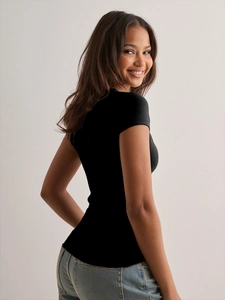 Close-up of a black slim-fit V-neck short sleeve T-shirt with textured cotton fabric