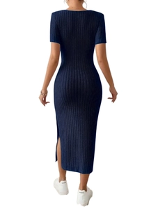 Detail view of the ribbed knit fabric and side slit of this navy square neck slim dress