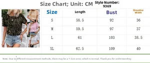 Size chart showing S to XL dimensions for the women's sequin short sleeve t-shirt