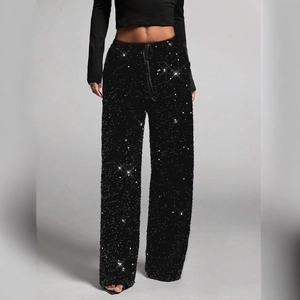 Women Fashion Sequined Wide Leg Pants Sparkly Drawstring High Waist Trousers Glitter Shiny Banquet Party Straight Long Pants