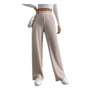 Women's High Waist Ribbed Knit Wide Leg Pants Elastic Slimming Casual Loose Flared Trousers Soft Cotton Blend Long Pants