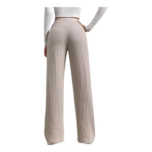 Women's oatmeal ribbed knit wide-leg pants featuring a high-waisted stretchy back view