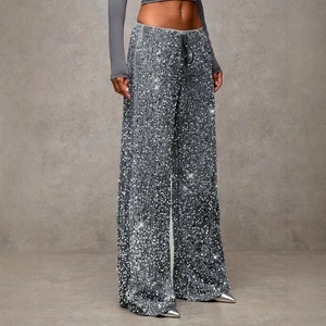 Chic silver sequin wide-leg pants for women with a high-waisted drawstring design