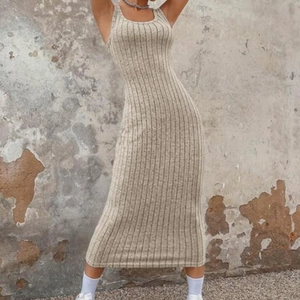 Slim fit sleeveless ribbed knit maxi dress in light grey with elegant side split