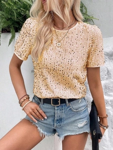 Sparkly champagne gold sequin short sleeve t-shirt for women in a stylish casual summer look