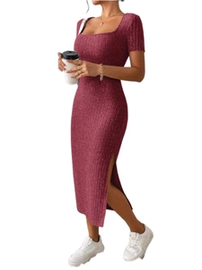 Detailed view of square neck knitted dress in burgundy with a sexy side slit detail