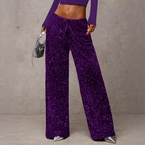 Fashionable purple sequin wide leg pants with high waist and drawstring for women