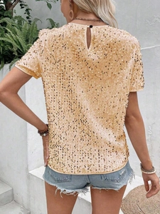 Women's champagne gold sequin short sleeve top with elegant back teardrop button closure