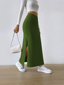 Women's High Waist Ribbed Knit Maxi Skirt Side Slit Slim Fit Solid Color Polyester Blend Elegant Casual Long Skirt