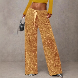 Chic women's gold sequin wide-leg pants with drawstring waist for party fashion
