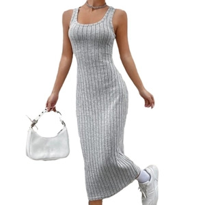 Slim fit grey ribbed knit sleeveless midi dress with crew neck for casual styling