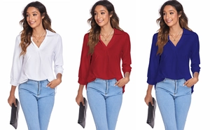 Three-color collage of women's V-neck shirts with pleated collar and high-low hem design