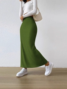 Slim fit high waist knit maxi skirt in grass green with side slit and vertical ribbed texture