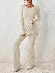 Ensemble Haut et Pantalon en Tricot Nervuré Décontracté pour Femmes Haut à Manches Longues et Fente Latérale et Pantalon Large à Taille Haute