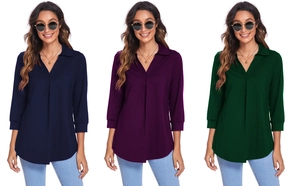 Three V-neck collared long sleeve shirts shown in navy blue, deep purple, and dark green