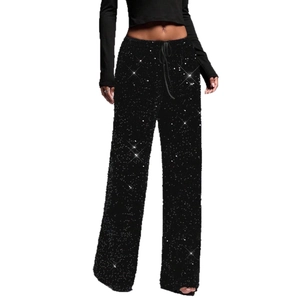 Women's high waist sequin wide leg pants with drawstring, sparkly black party trousers
