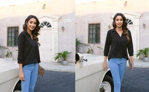Detailed front and side view of women's black V-neck three-quarter sleeve chenille shirt