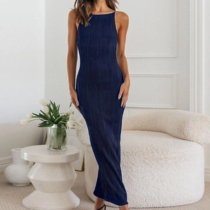 Elegant navy blue pleated bodycon maxi dress for women in a stylish sleeveless design