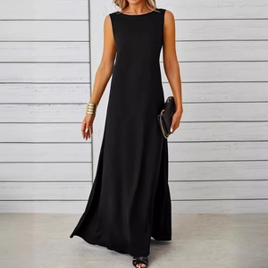 Elegant sleeveless black maxi dress with an A-line silhouette and a minimalist round neckline