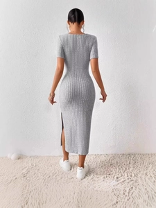 Slim fit gray ribbed knit midi dress with square neck and side slit detail for women