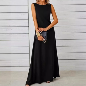 Detail of elegant black sleeveless maxi dress with smooth drape and minimalist crew neck