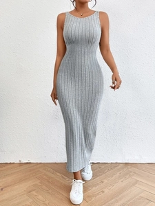 Robe Maxi Sexy Dos Nu en Tricot à Côtes pour Femmes Sans Manches Col Rond Bodycon Taille Haute Robe d'Été Décontractée