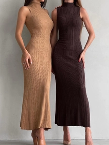 Women Elegant Knitted High Neck Sleeveless Bodycon Midi Dress Ribbed Solid Color Slim Fit Stretchy Commuter Daily Dress