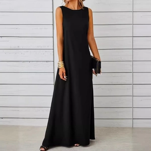 Elegant black sleeveless maxi dress with a smooth flowing drape and A-line silhouette
