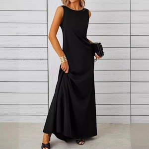 Detail shot of elegant black sleeveless maxi dress with smooth drape and high elasticity