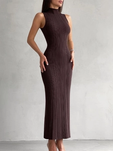 Close-up of dark brown knit ribbed fabric on a high-neck sleeveless bodycon dress