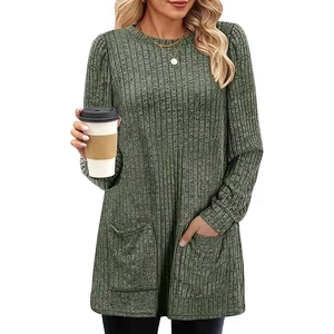 Women's crewneck long-sleeve knit sweater in olive green with ribbed texture and dual pockets
